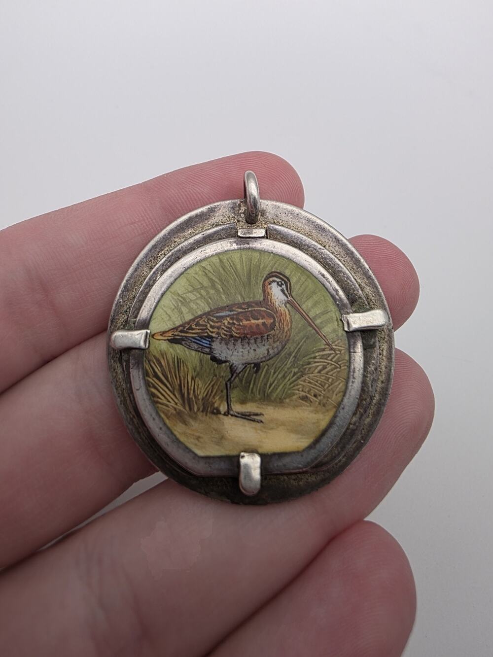 ANTIQUE EDWARDIAN SILVER & ENAMEL SNIPE BIRD SAMPSON MORGAN & CO. PENDANT